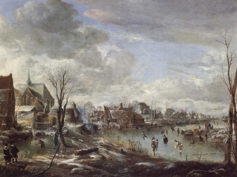 Aert van der Neer A Frozen River Near a Village,with Golfers and Skaters